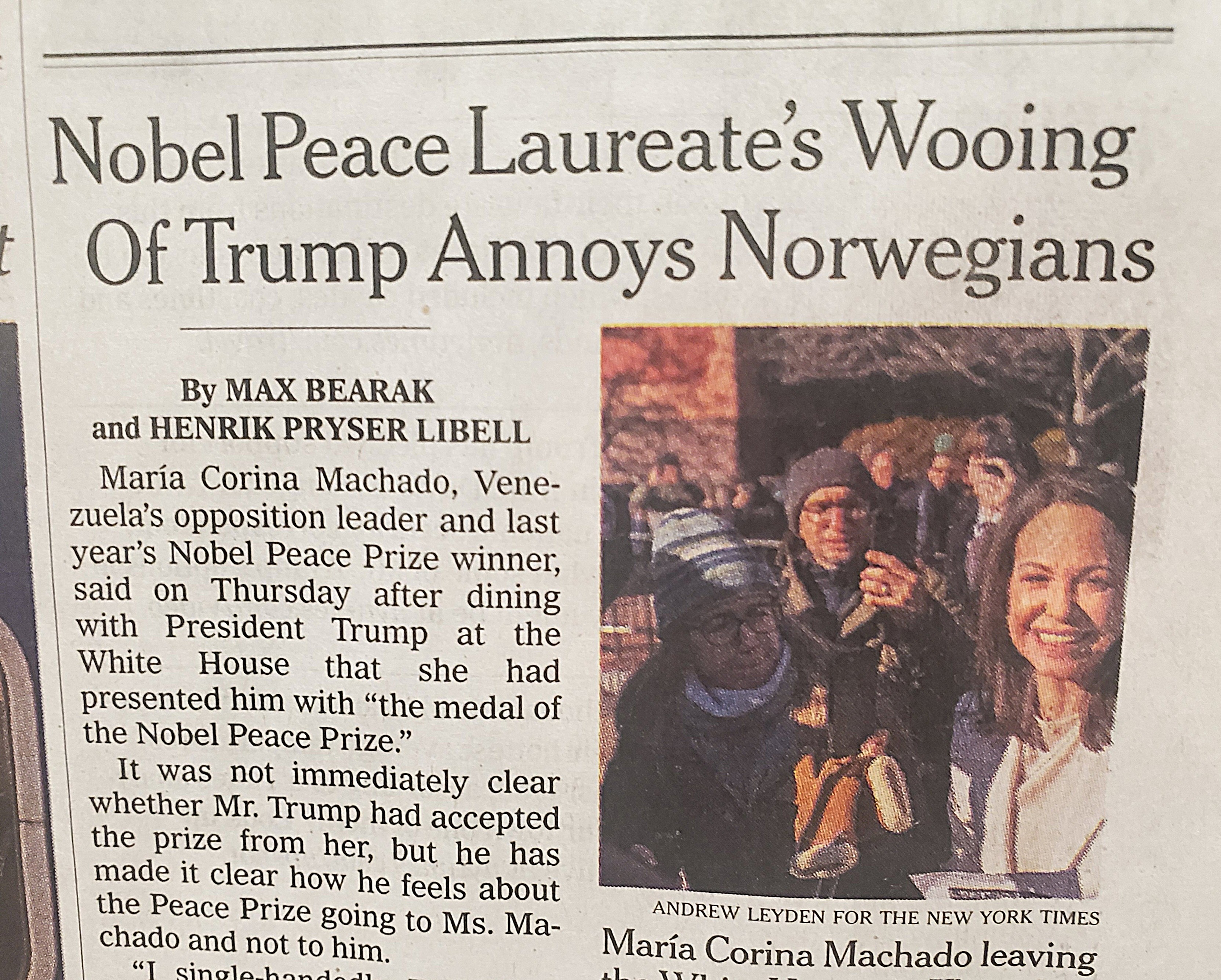 Love It! New York Times Huffs: Machado's Schmoozing with Trump 'Annoys Norwegians'