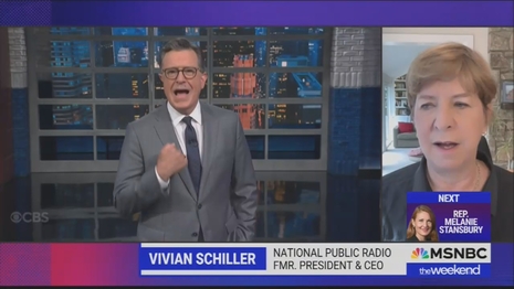 Stephen Colbert Vivian Schiller MSNBC The Weekend 7-19-25