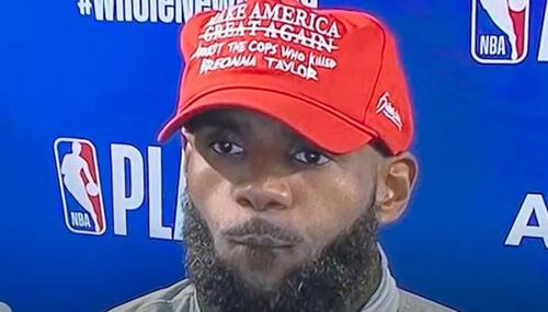 LeBron James wearing altered MAGA hat