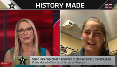 ESPN's LInda Cohn, left, and Vanderbilt kicker Sarah Fuller