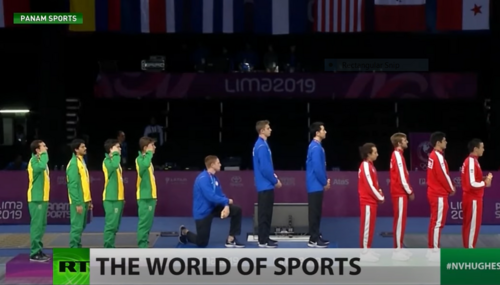 American Race Imboden kneeling during 2018 Pan American Games