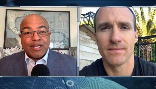 Mike Tirico, left, and Drew Brees