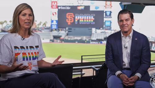 Homosexual former MLB player Billy Beane, right, interviewed during Giants pride night broadcast
