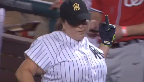 Rep. Linda Sanchez flipping off the GOP dugout