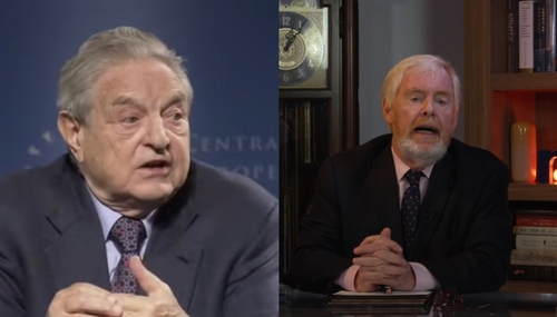 Left: George Soros; Right: Brent Bozell Left: George Soros; Right: Brent Bozell