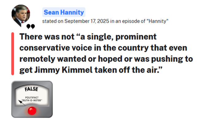 NextImg:ABSURD: PolitiFact Won't Check Jimmy Kimmel's LIE, Tags Sean Hannity as 'False'
