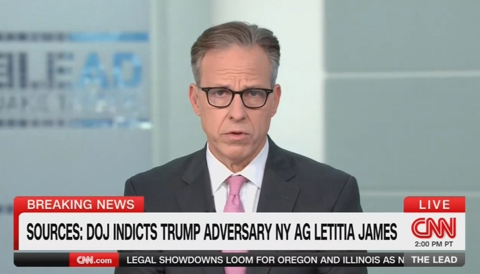 NextImg:CNN's Jake Tapper Mourns 'Shocking Breaking News' of Letitia James Fraud Indictment