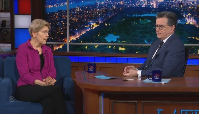 Colbert, Warren Strategize On How To Handcuff Trump On Iran